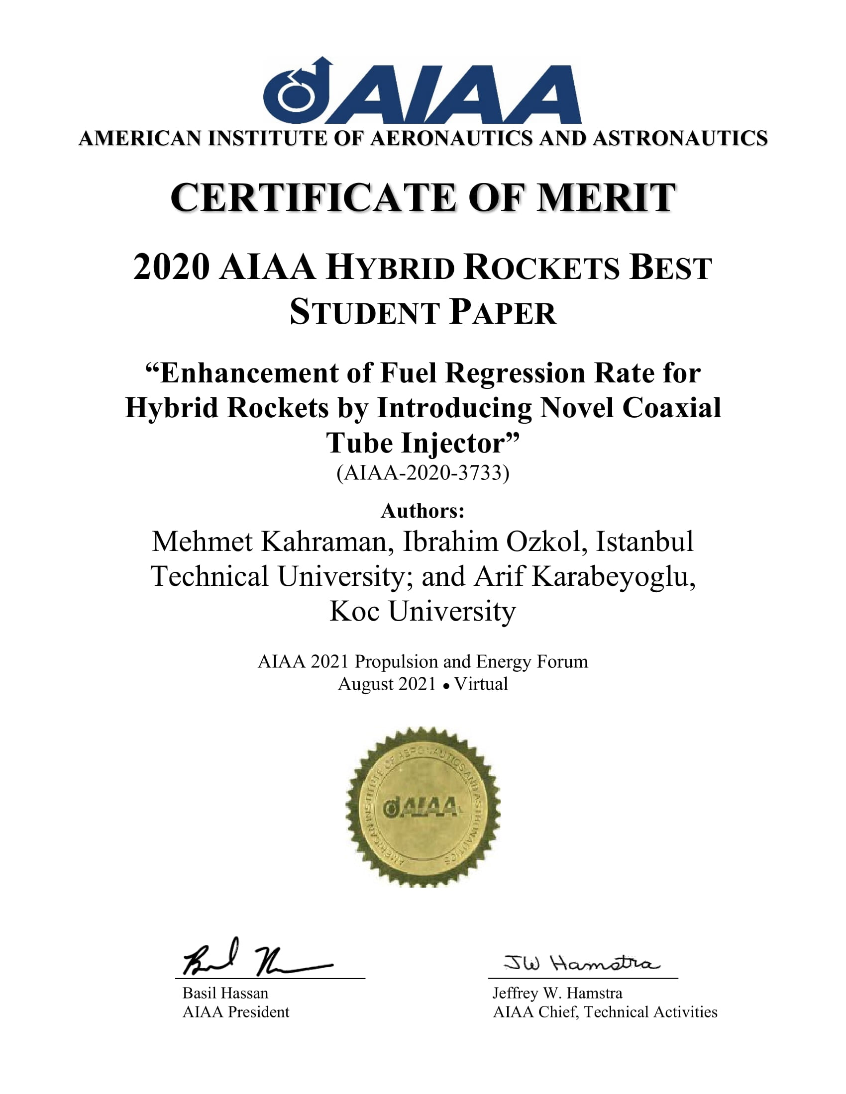 Hybrid Rockets Best Student Paper Certificate-1